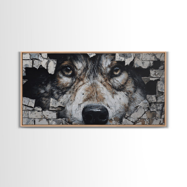 Wolf Dog Peeking Through Brick Wall Art, Rustic Animal Canvas Print, Wildlife Decor, Pet Lover Gift For Cabin Or Office Decor