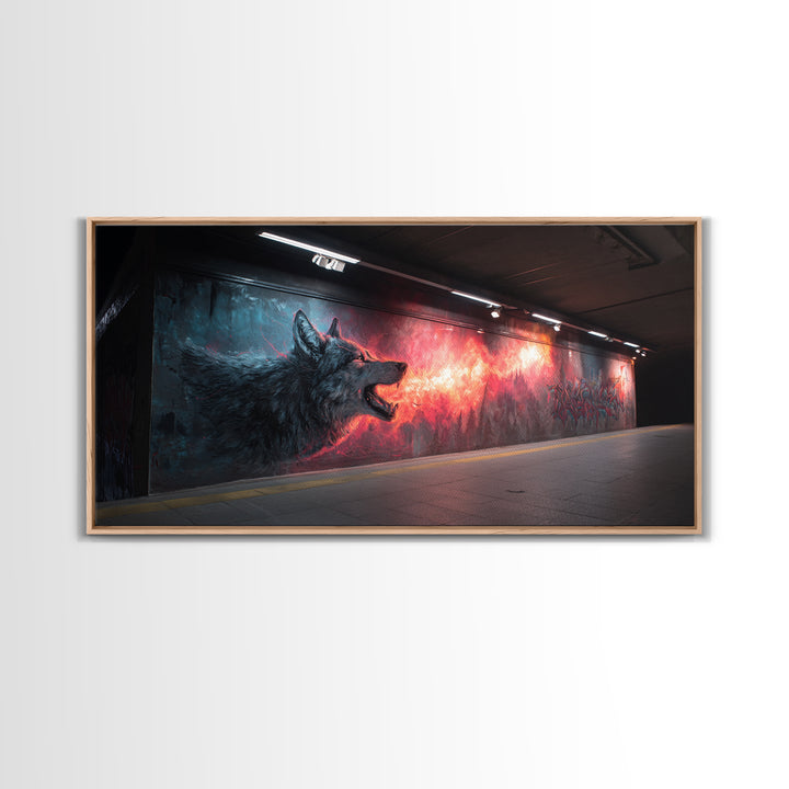 Howling Wolf Graffiti Tunnel Mural Wall Art, Urban Street Art Print, Dark Fantasy Decor, Edgy Man Cave Canvas For Living Room Decor