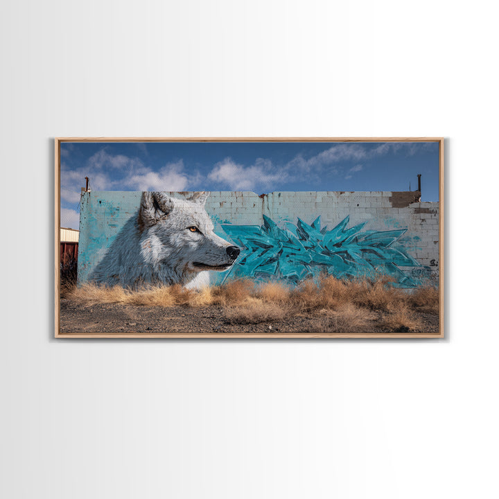 White Wolf Graffiti Mural On Weathered Wall Art, Urban Wildlife Canvas Print, Southwestern Street Decor, Animal Lover Gift