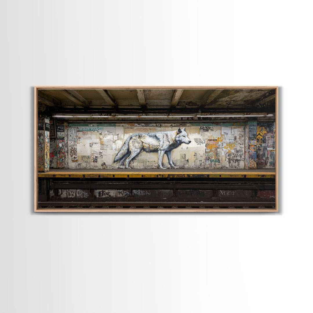 White Wolf Subway Graffiti Wall Art, Urban Animal Canvas Print, Gritty Street Art For Loft Office And Man Cave Decor Gift