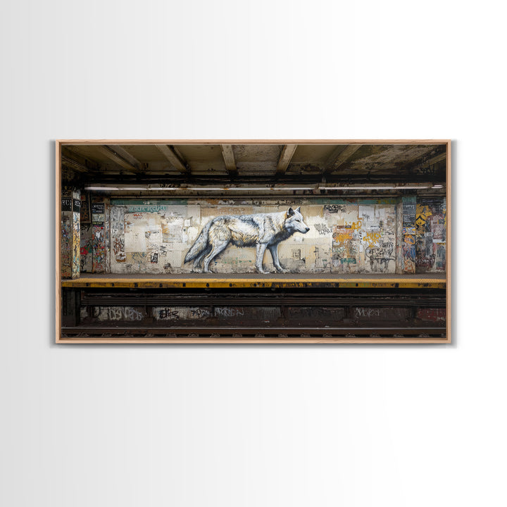 White Wolf Subway Graffiti Wall Art, Urban Animal Canvas Print, Gritty Street Art For Loft Office And Man Cave Decor Gift