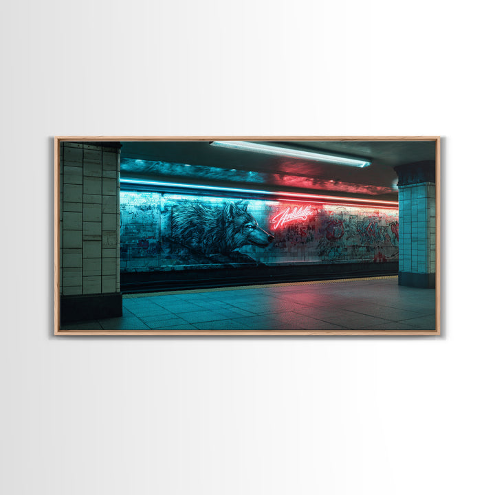 Neon Wolf Mural In Subway Station Wall Art, Urban Animal Street Art Print, Blue Red Graffiti Decor For Modern Loft Home Decor
