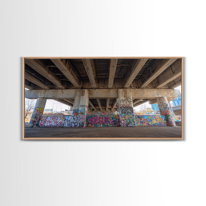 Colorful Graffiti Under Urban Bridge Wall Art, Street Art Photography Print, Modern Office Decor, Industrial City Poster