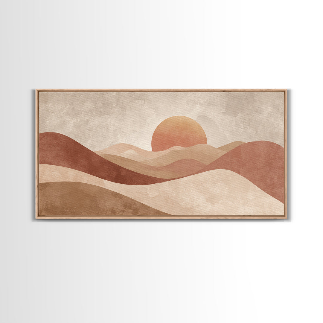 Minimalist Desert Sun And Dunes Canvas Print, Earth Tone Wall Art, Neutral Landscape Decor, Large Boho Living Room Art Print