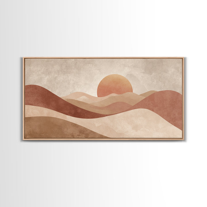 Minimalist Desert Sun And Dunes Canvas Print, Earth Tone Wall Art, Neutral Landscape Decor, Large Boho Living Room Art Print