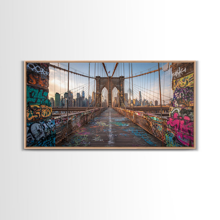Brooklyn Bridge Graffiti Wall Art, New York City Canvas Print, Urban Street Art Decor, Industrial Loft Travel Poster Print