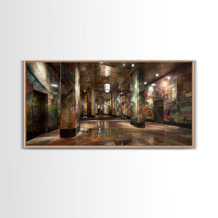 Graffiti Covered Underground Corridor Wall Art, Industrial Urban Canvas Print, Street Art Decor, Edgy Office Wall Decor