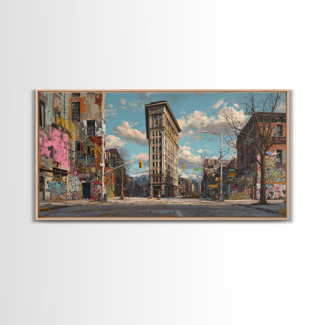 Flatiron City Street Wall Art, Urban Landscape Canvas Print, Graffiti Building Decor, New York Style Apartment Gift For Him