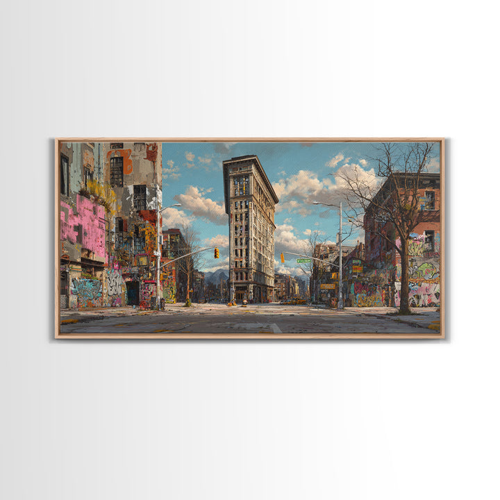 Flatiron City Street Wall Art, Urban Landscape Canvas Print, Graffiti Building Decor, New York Style Apartment Gift For Him