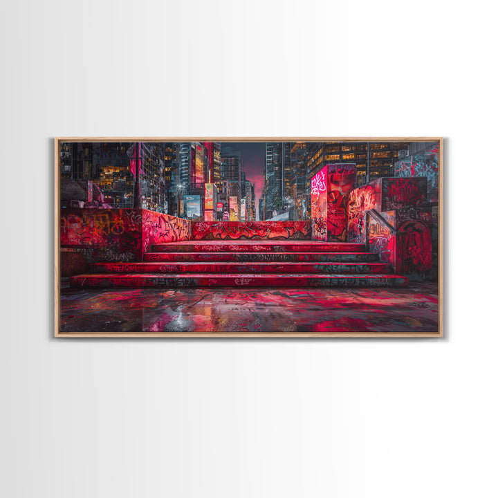 Neon Graffiti City Steps Wall Art, Cyberpunk Urban Street Art Print, Red Futuristic Decor For Gaming Room Or Loft Apartment Home Decor