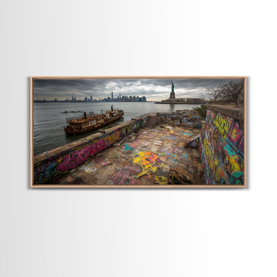 Statue Of Liberty Graffiti Pier Cityscape Wall Art, New York Travel Poster Canvas Print, Urban Coastal Decor, Gift For Him