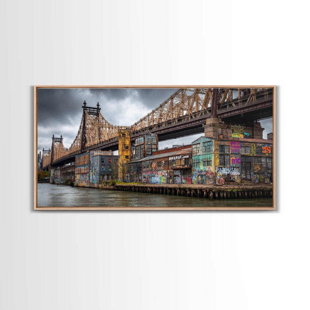 Graffiti Covered City Bridge Waterfront Framed Canvas Print, Urban Wall Art, NYC Art Print, Industrial Office Decor, Travel Poster