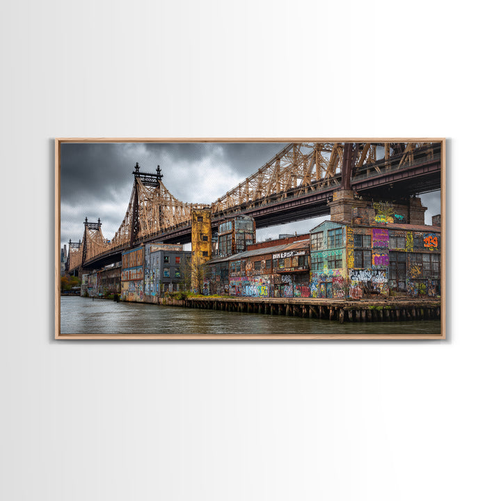 Graffiti Covered City Bridge Waterfront Framed Canvas Print, Urban Wall Art, NYC Art Print, Industrial Office Decor, Travel Poster