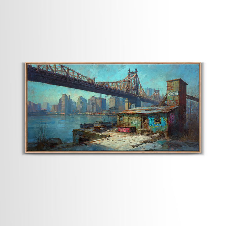 Queensboro Bridge Urban Waterfront Wall Art, NYC Cityscape Canvas Print, Industrial Loft Decor For Office And Living Room Decor
