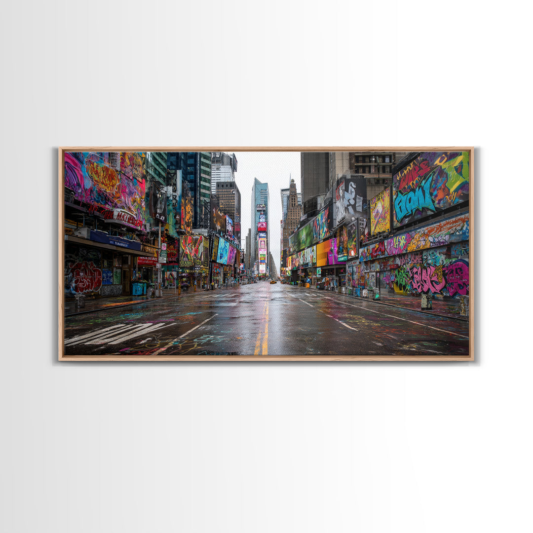 Rainy Neon Graffiti City Street Wall Art, Urban Canvas Print, New York Poster, Street Art Decor, Modern Office Decor, Gift For Him