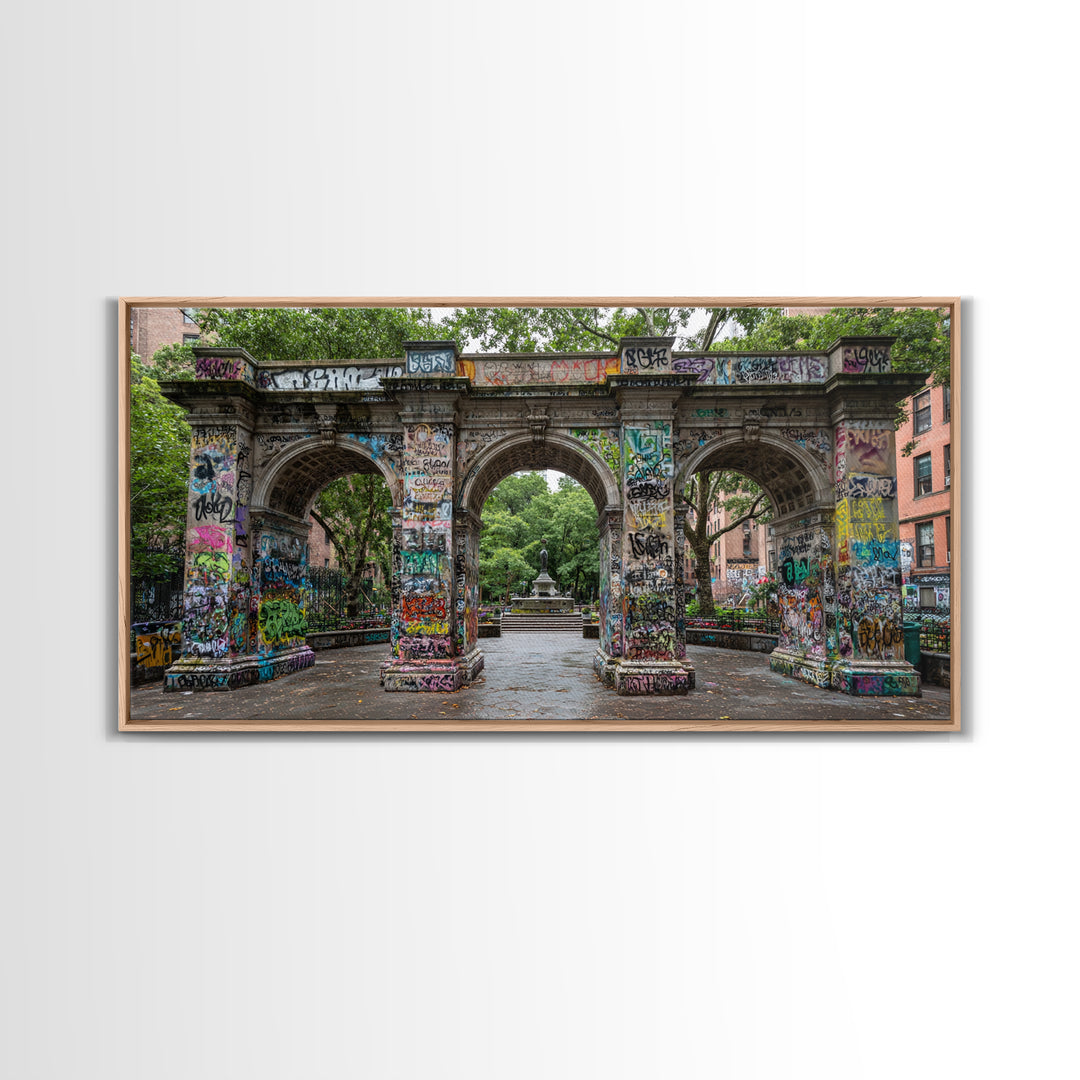 Graffiti Covered Stone Arch Wall Art, Urban Park Framed Canvas Print, NYC Street Art, Eclectic Apartment Decor Gift For Him