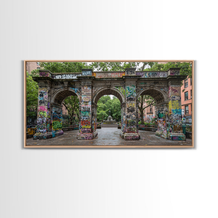 Graffiti Covered Stone Arch Wall Art, Urban Park Framed Canvas Print, NYC Street Art, Eclectic Apartment Decor Gift For Him