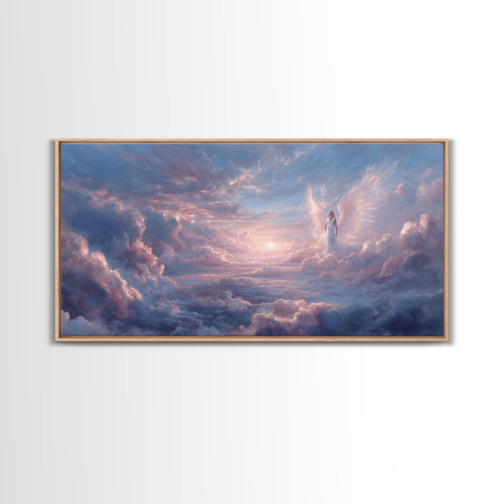 Angel In Pastel Heaven Clouds Framed Canvas Print, Dreamy Celestial Wall Art, Spiritual Sky Home Decor, Serene Gift For Her