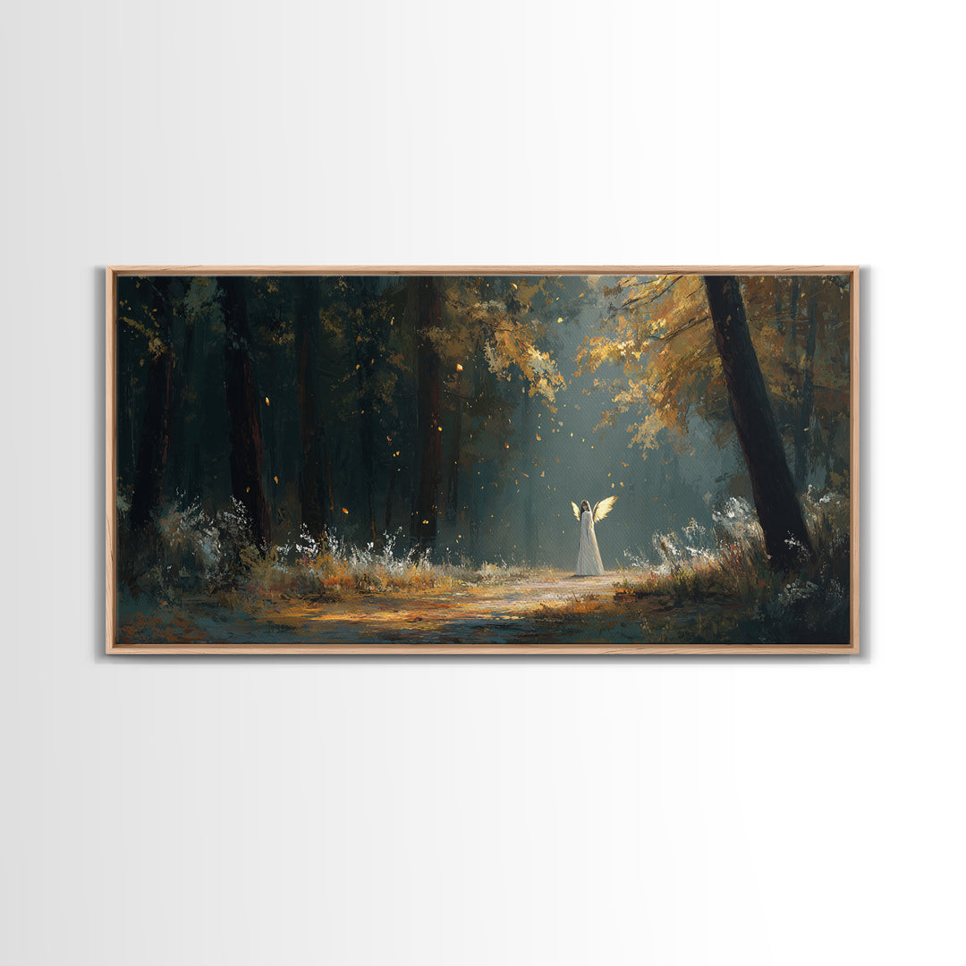 White Figure In Sunlit Autumn Forest Wall Art, Fantasy Landscape Print, Dark Woodland Decor, Mystical Nature Painting, Fine Art Print