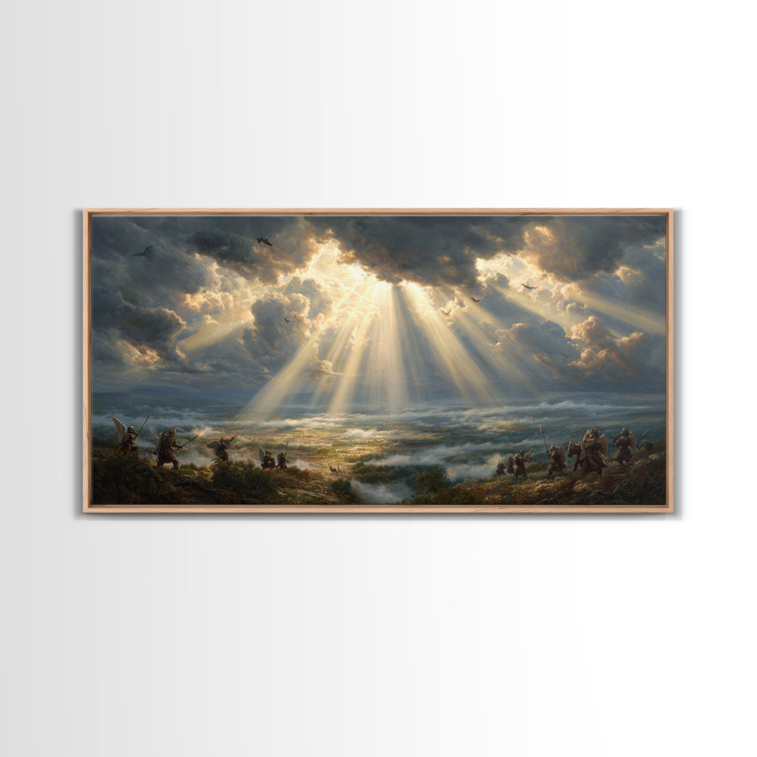 Heavenly Battlefield Canvas Print, Angelic Sun Rays Wall Art, Epic Soldiers Landscape, Christian Home Decor For Living Room