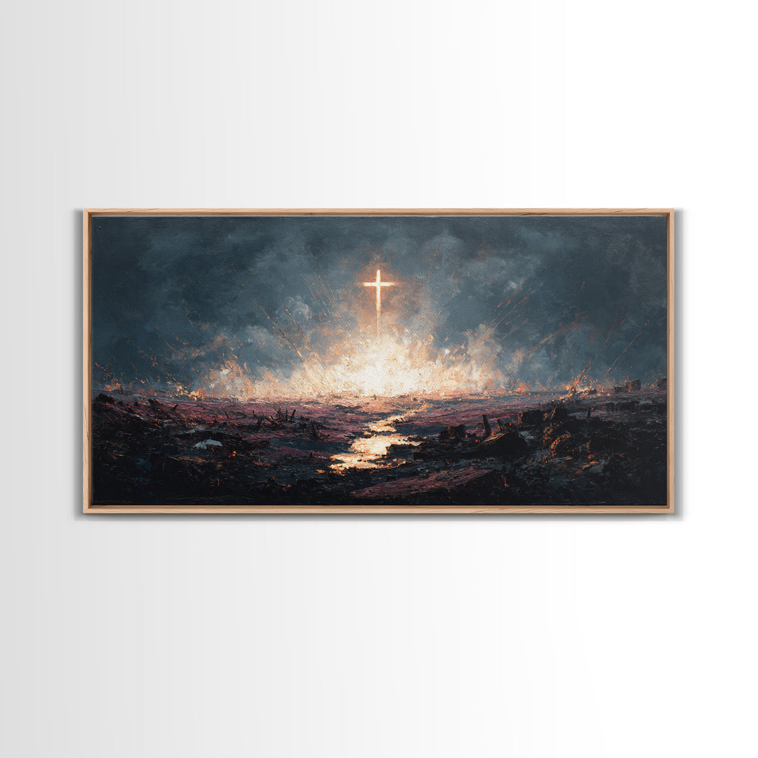 Glowing Cross Over Stormy Battlefield Framed Canvas Print, Christian Wall Art, Dramatic Faith Decor, Prayer Room Gift Idea