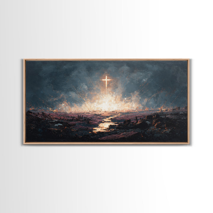 Glowing Cross Over Stormy Battlefield Framed Canvas Print, Christian Wall Art, Dramatic Faith Decor, Prayer Room Gift Idea