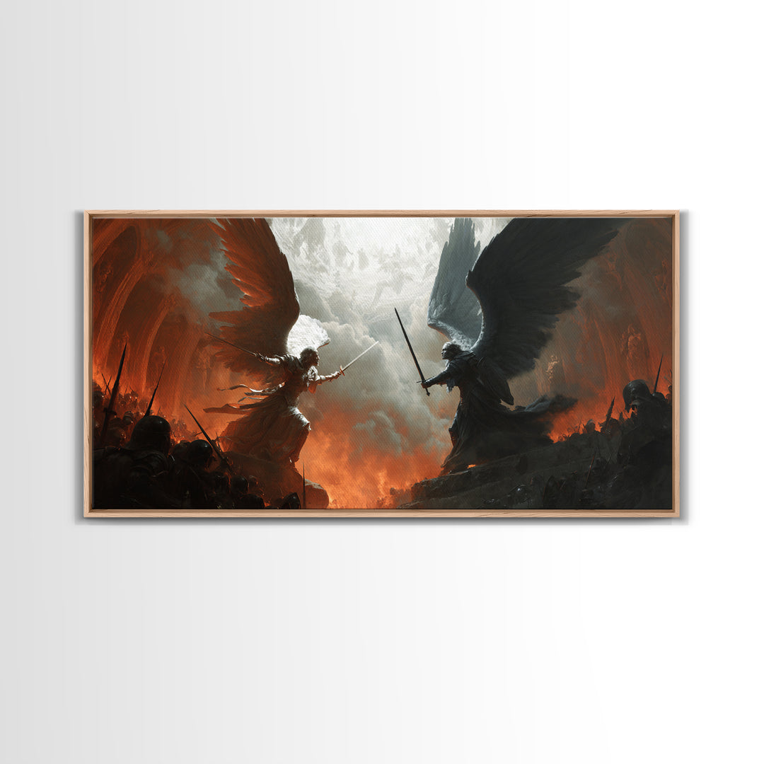 Angels And Demons Battle Wall Art, Dark Fantasy Framed Canvas Print, Epic Gothic Decor For Game Room Or Man Cave Wall Decor