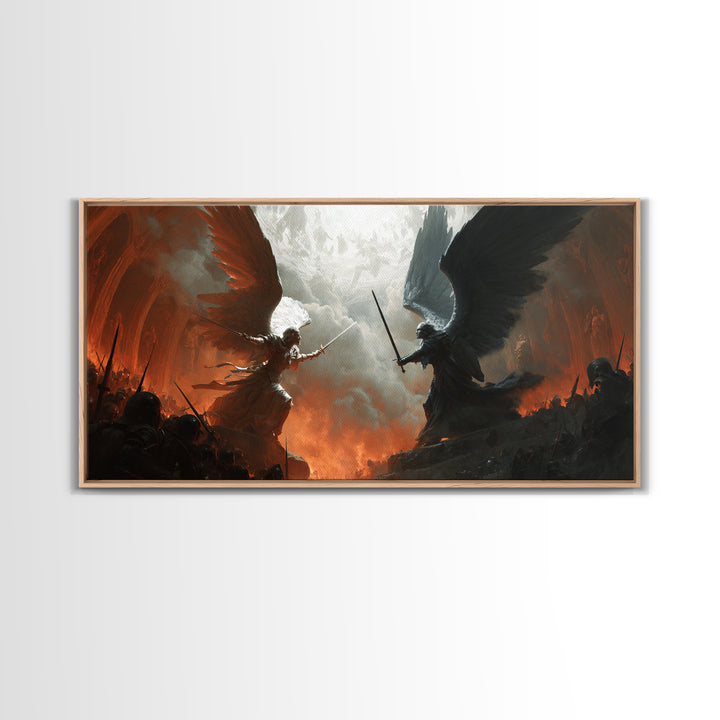 Angels And Demons Battle Wall Art, Dark Fantasy Framed Canvas Print, Epic Gothic Decor For Game Room Or Man Cave Wall Decor