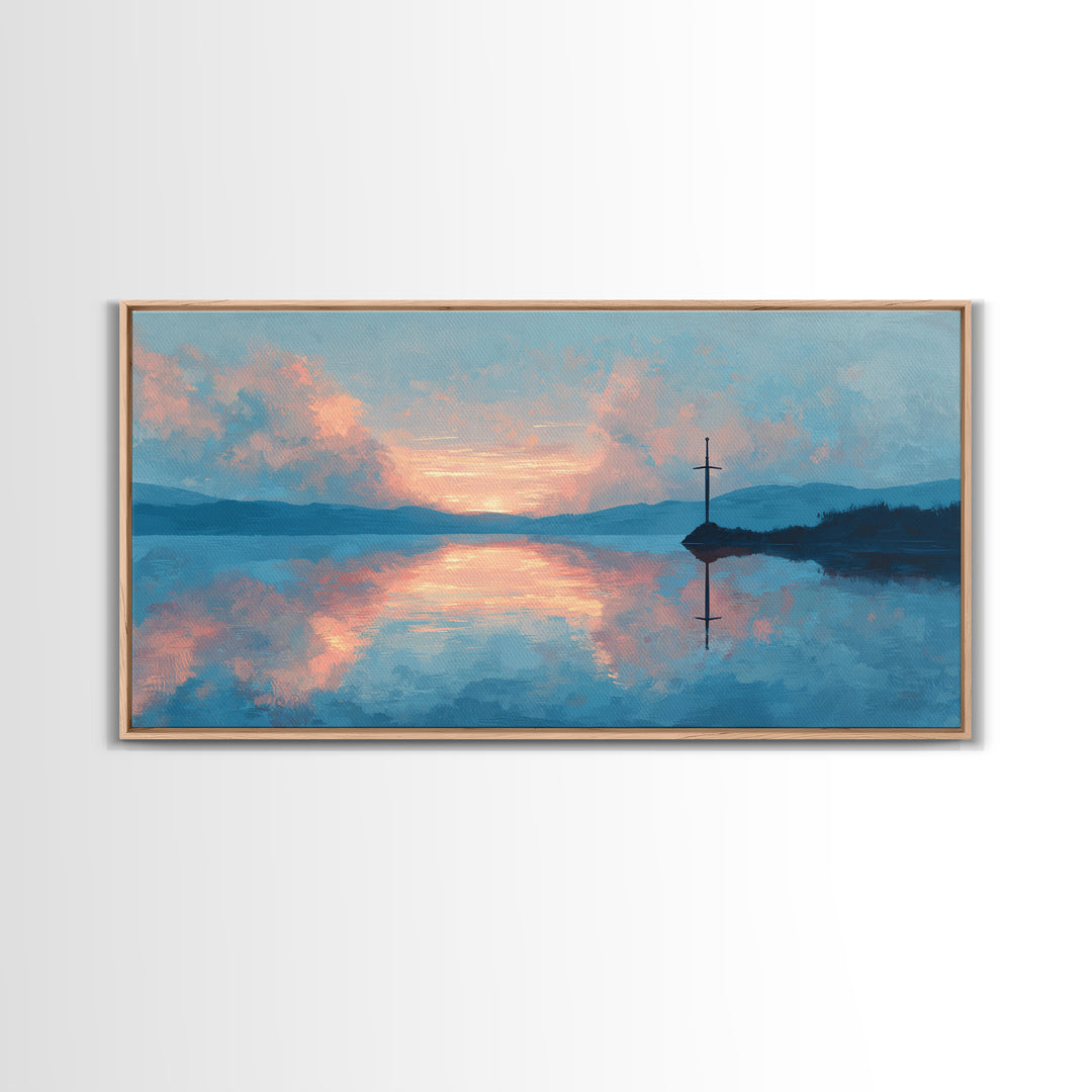 Pastel Lake Sunrise With Quiet Cross Wall Art, Landscape Painting, Christian Wall Decor, Calming Bedroom Art, Nature Gift