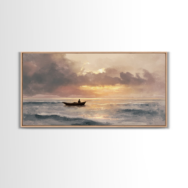 Solitary Fishing Boat At Golden Sunrise Canvas Print, Coastal Wall Art, Ocean Painting, Seascape Decor, Living Room Art Gift