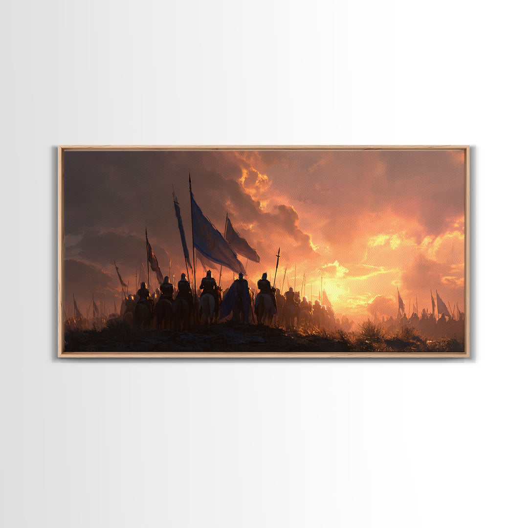 Medieval Cavalry At Fiery Sunset Wall Art, Epic Fantasy Battle Canvas Print, Knight Army Landscape Art, Gift For Him, Man Cave Decor
