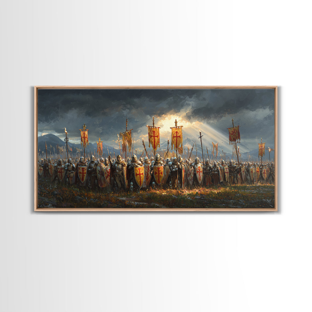 Medieval Knights Army With Red Banners Framed Canvas Print, Crusader Battle Wall Art, Historical Fantasy Decor Gift For Him