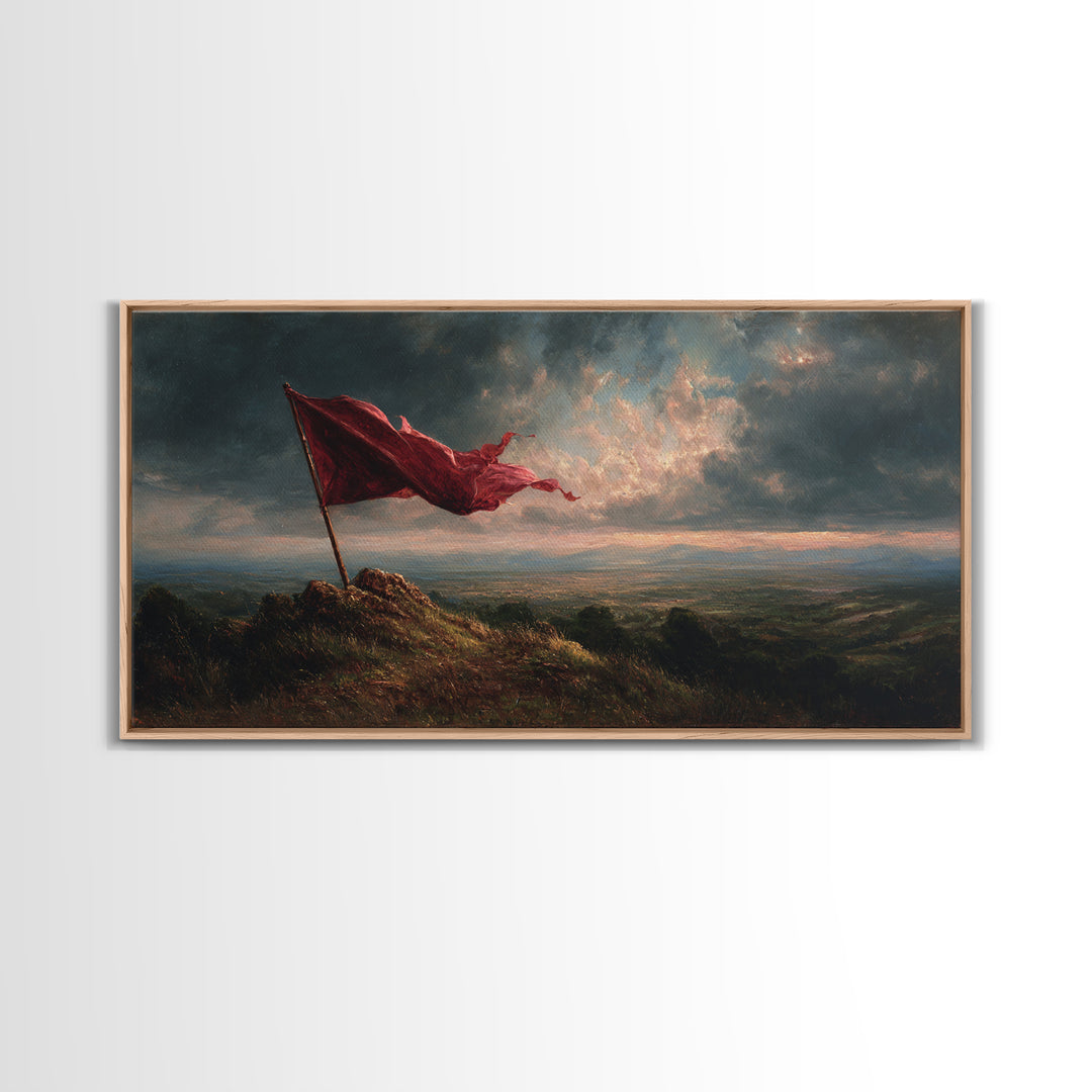 Red Flag Stormy Mountain Canvas Print, Dramatic Landscape Wall Art, Moody Rustic Decor, Patriotic Banner Art Print Gift For Him