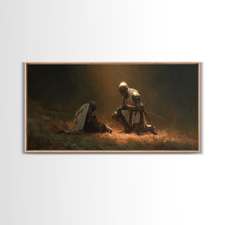 Kneeling Knight Beside Fallen Comrade Wall Art, Medieval Templar Painting, Chivalry Decor, Historical Canvas Print, Gift For Him