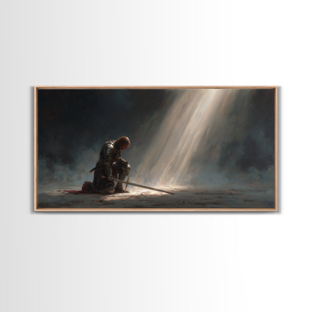 Solitary Knight Kneeling In Divine Light Canvas Print, Medieval Prayer Wall Art, Templar Office Decor, Spiritual Gift For Him