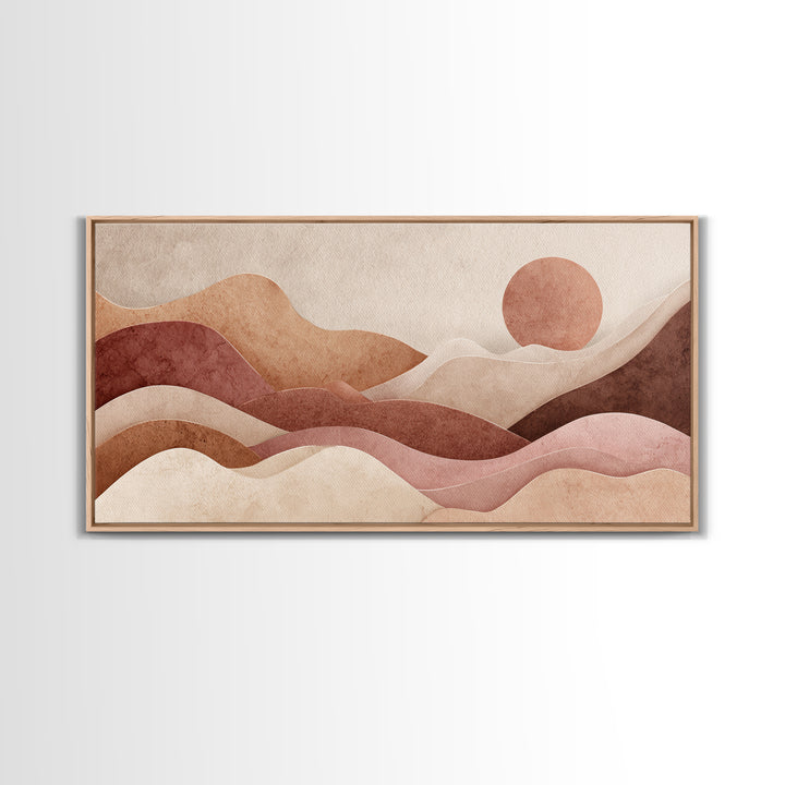 Mauve Terracotta Abstract Mountain Sun Wall Art, Wavy Desert Landscape Canvas Print, Neutral Boho Decor, Large Above Bed Art
