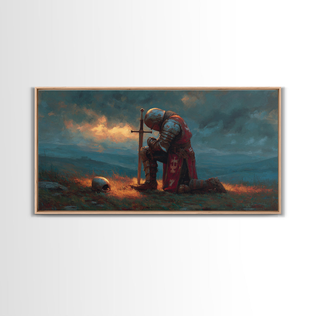 Kneeling Medieval Knight Wall Art, Moody Fantasy Framed Canvas Print, Sword And Skull Decor, Masculine Office Art Gift For Him