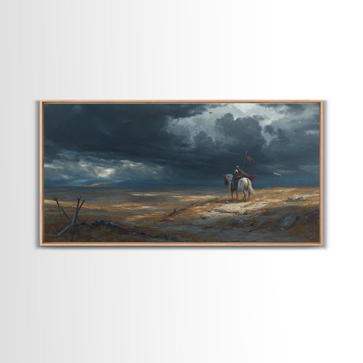 Lone Western Rider Storm Landscape Wall Art, Moody Prairie Horse Canvas, Rustic Cowboy Decor, Dramatic Frontier Print, Gift