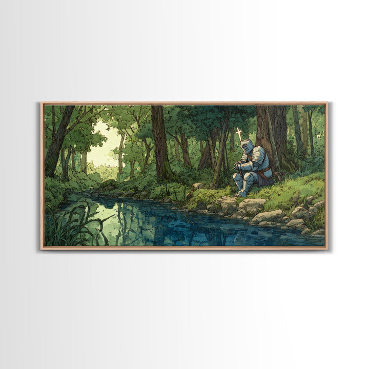 Pixel Knight Resting By Forest Stream Wall Art, Fantasy Canvas Print, Woodland Landscape, Kids Room Decor Gamer Gift For Him