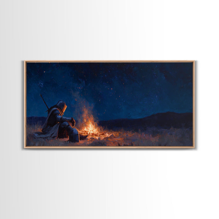 Lonely Knight Campfire Canvas Print, Dark Fantasy Wall Art, Starry Night Medieval Decor, Gaming Room Art And Gift For Him