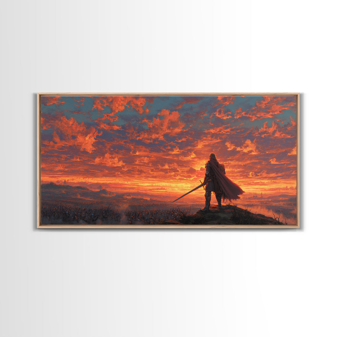 Lone Warrior Over Fiery Battlefield Canvas Print, Fantasy Wall Art, Epic Landscape Art, Medieval Decor, Dramatic Gift For Him