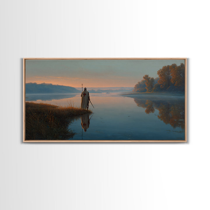 Misty River Knight Landscape Wall Art, Serene Medieval Lake Canvas, Reflective Nature Decor, Fantasy Print, Gift For Him