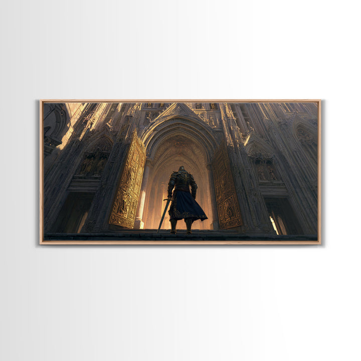 Armored Knight Before Gothic Cathedral Wall Art, Medieval Fantasy Architecture Print, Dark Academia Castle Decor Gift For Him