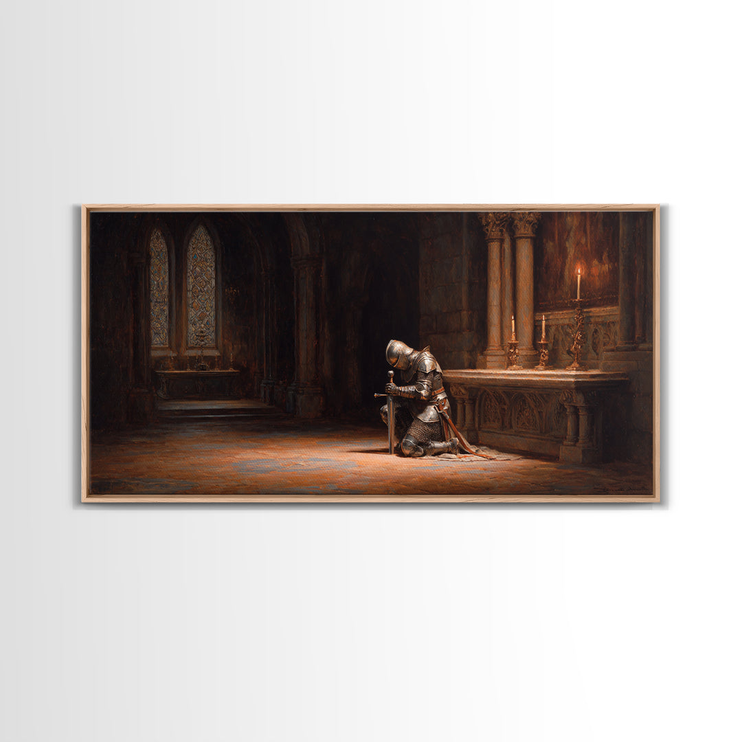 Kneeling Knight In Gothic Chapel Framed Canvas Print, Medieval Wall Art For Dark Academia Decor And Masculine Office Decor