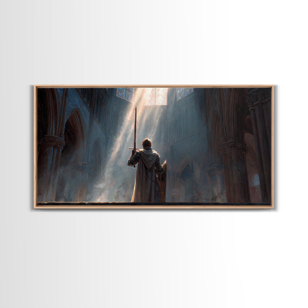 Knight In Sunlit Gothic Cathedral Framed Canvas Print, Fantasy Wall Art, Medieval Decor, Christian Artwork, Gift For Him
