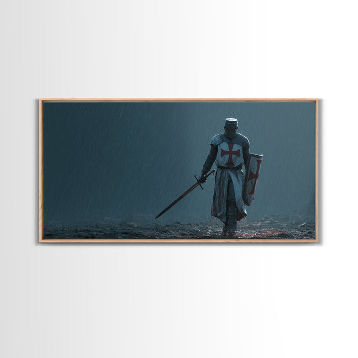 Templar Knight In Rain Wall Art, Medieval Crusader Canvas Print, Dark Fantasy Decor, Gothic Warrior Art Print For Man Cave
