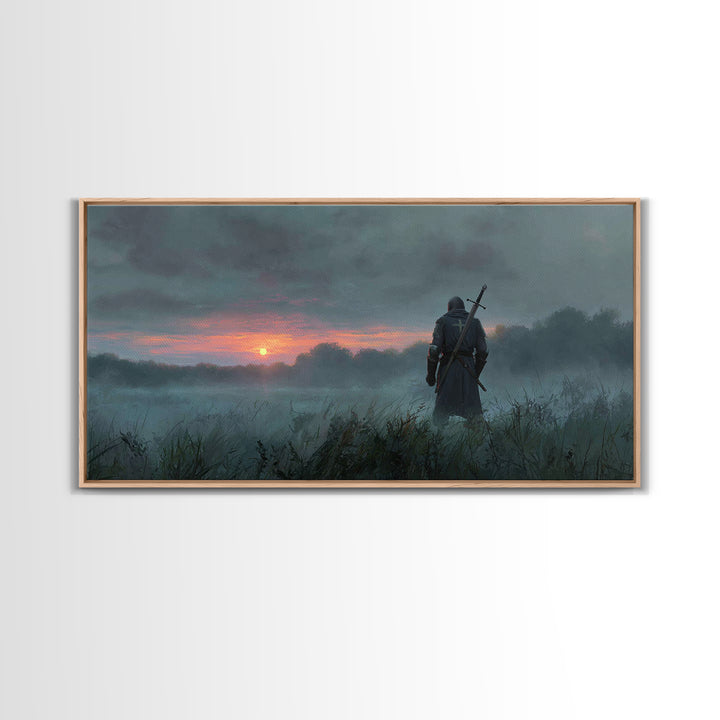 Lone Warrior At Misty Sunrise Wall Art, Medieval Fantasy Canvas Print, Moody Landscape Decor, Dark Academia Gift For Him