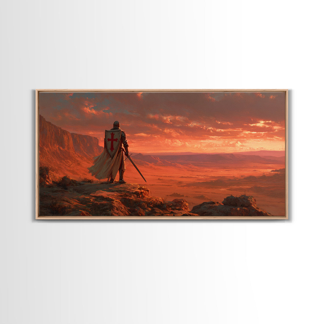 Templar Knight Over Desert Valley Canvas Print, Medieval Fantasy Wall Art, Western Sunset Decor, Man Cave Poster Gift For Him