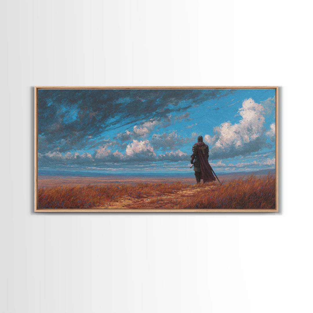 Lone Knight Coastal Fantasy Landscape Wall Art, Medieval Warrior Canvas, Moody Sky Print, Gamer Room Decor Housewarming Gift