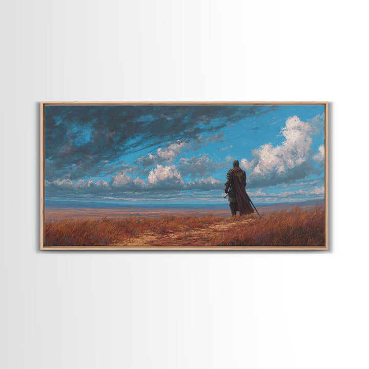 Lone Knight Coastal Fantasy Landscape Wall Art, Medieval Warrior Canvas, Moody Sky Print, Gamer Room Decor Housewarming Gift